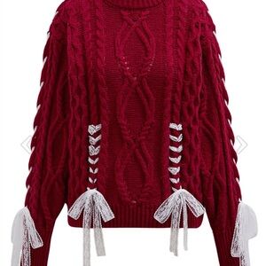 VD3–❤️🤍 (SHIPPED) Chic Burgundy Cable Knit Sweater with Lace Accents